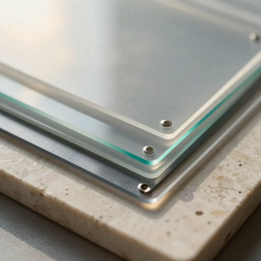 Acetate motion graphics strips and teal gel sheets on travertine, dynamic macro flatlay.