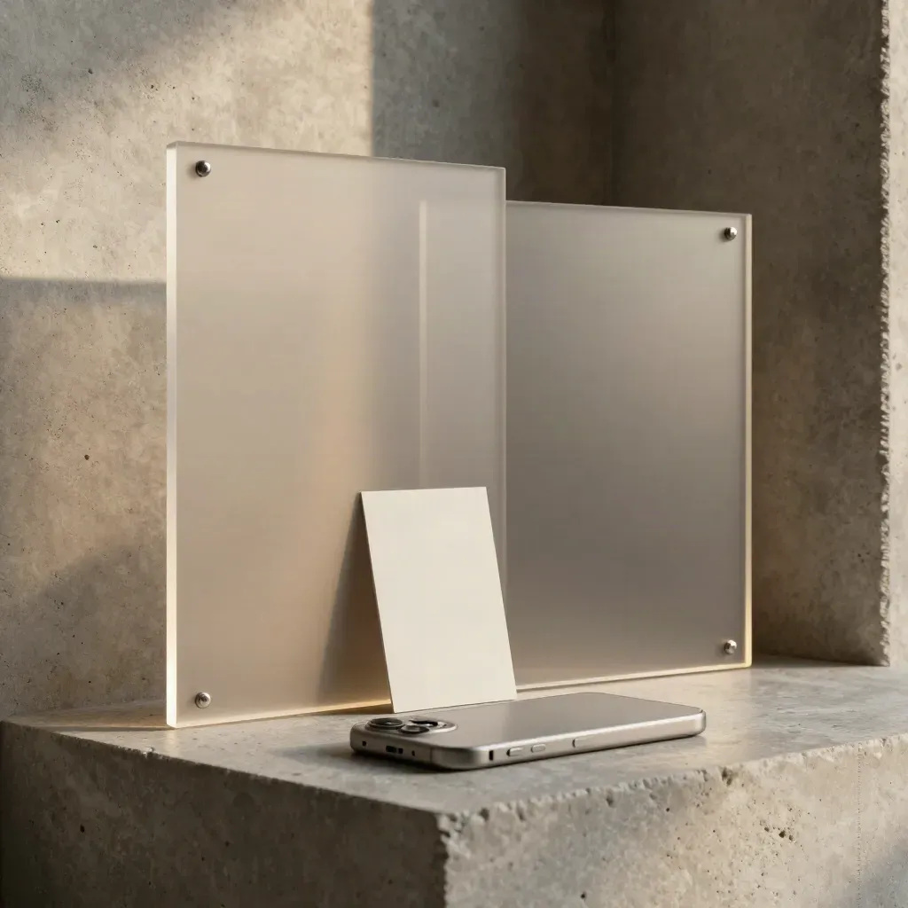 Blank acrylic website panels with folded cards and a phone shell on a concrete plinth.