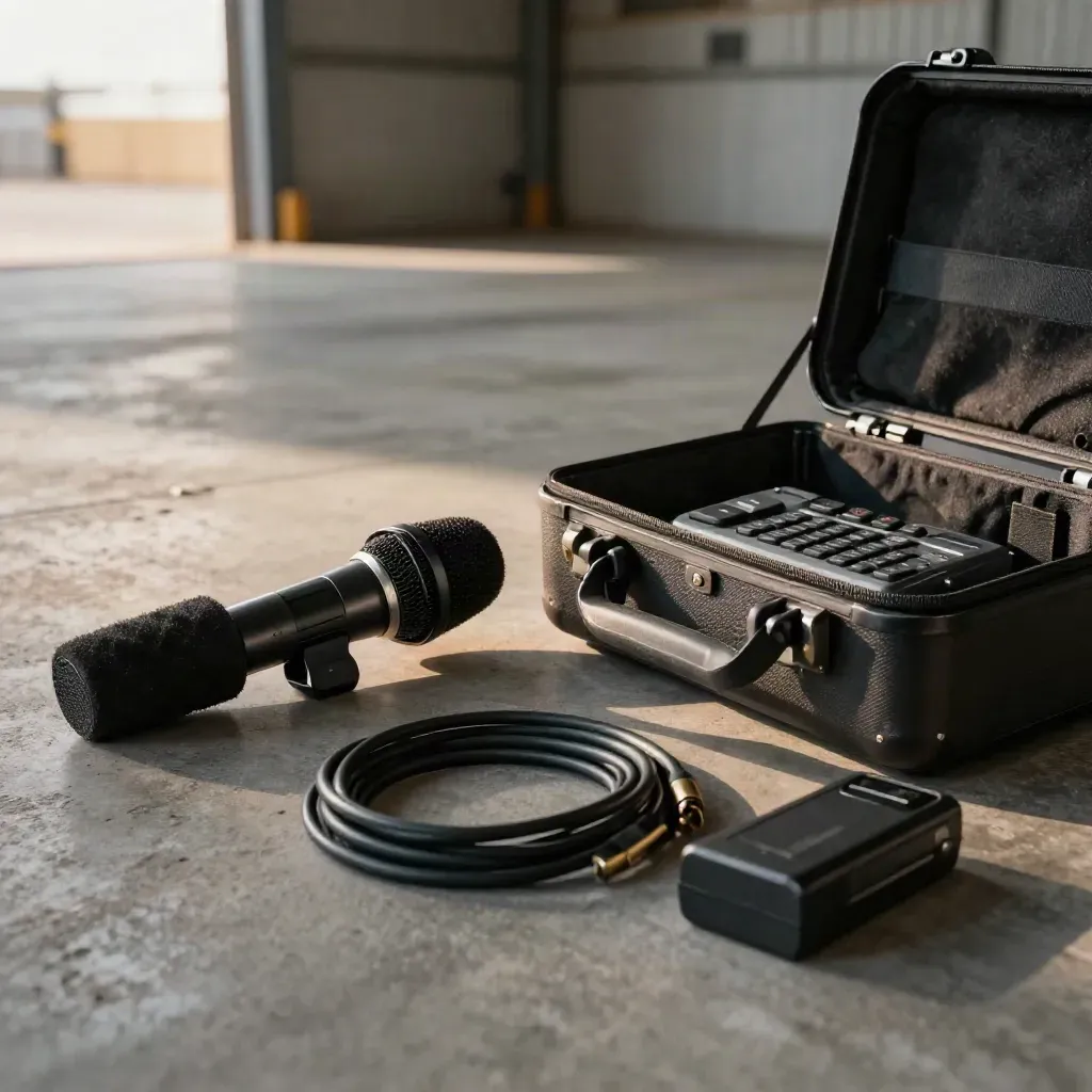 Open audio kit with microphone, recorder, cable and case on a warehouse floor in warm light