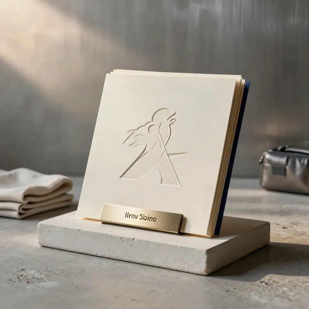 Foil-stamped logo boards, sample cards and a plaster plinth in soft studio light.