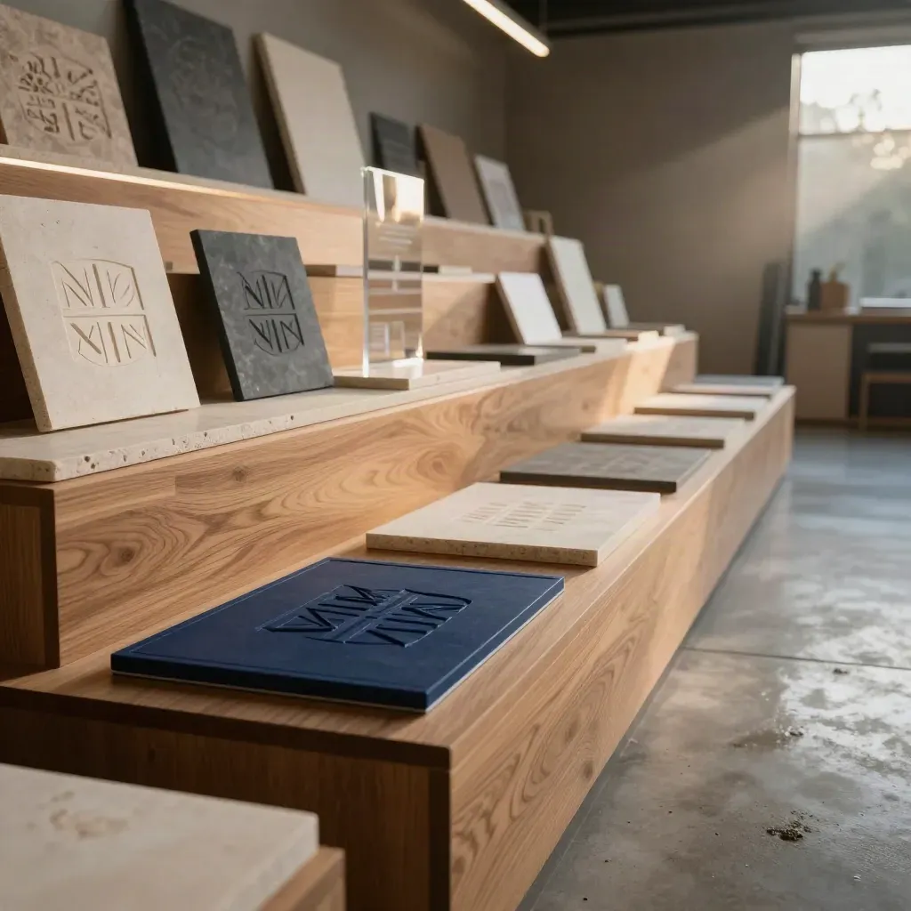 Midnight navy logo plaque and studio materials on oak plinths in dramatic light