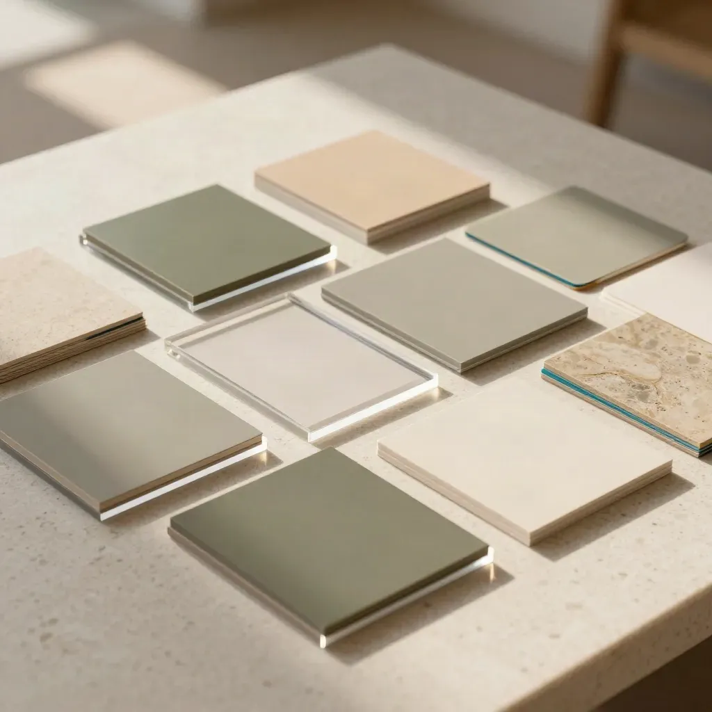Top-down flatlay of square social mockups, acrylic frames and colour tiles on pale travertine.