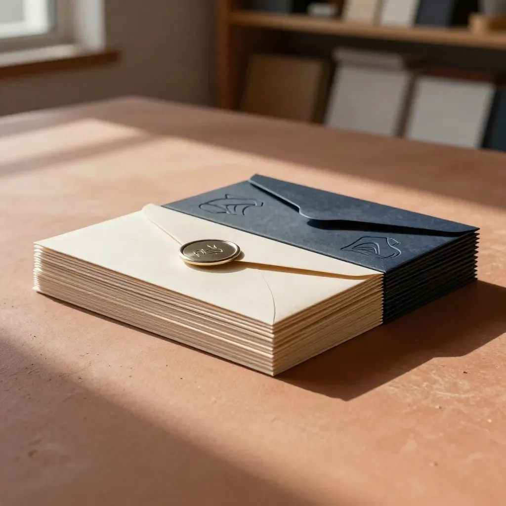 Brand identity materials fanned on terracotta plaster with embossed seal and navy chips.