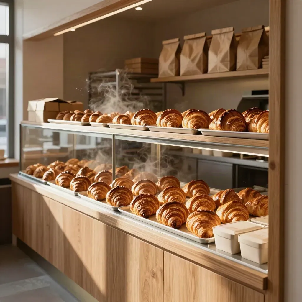 Warm bakery counter with croissants, paper bags and delivery boxes in dawn steam.