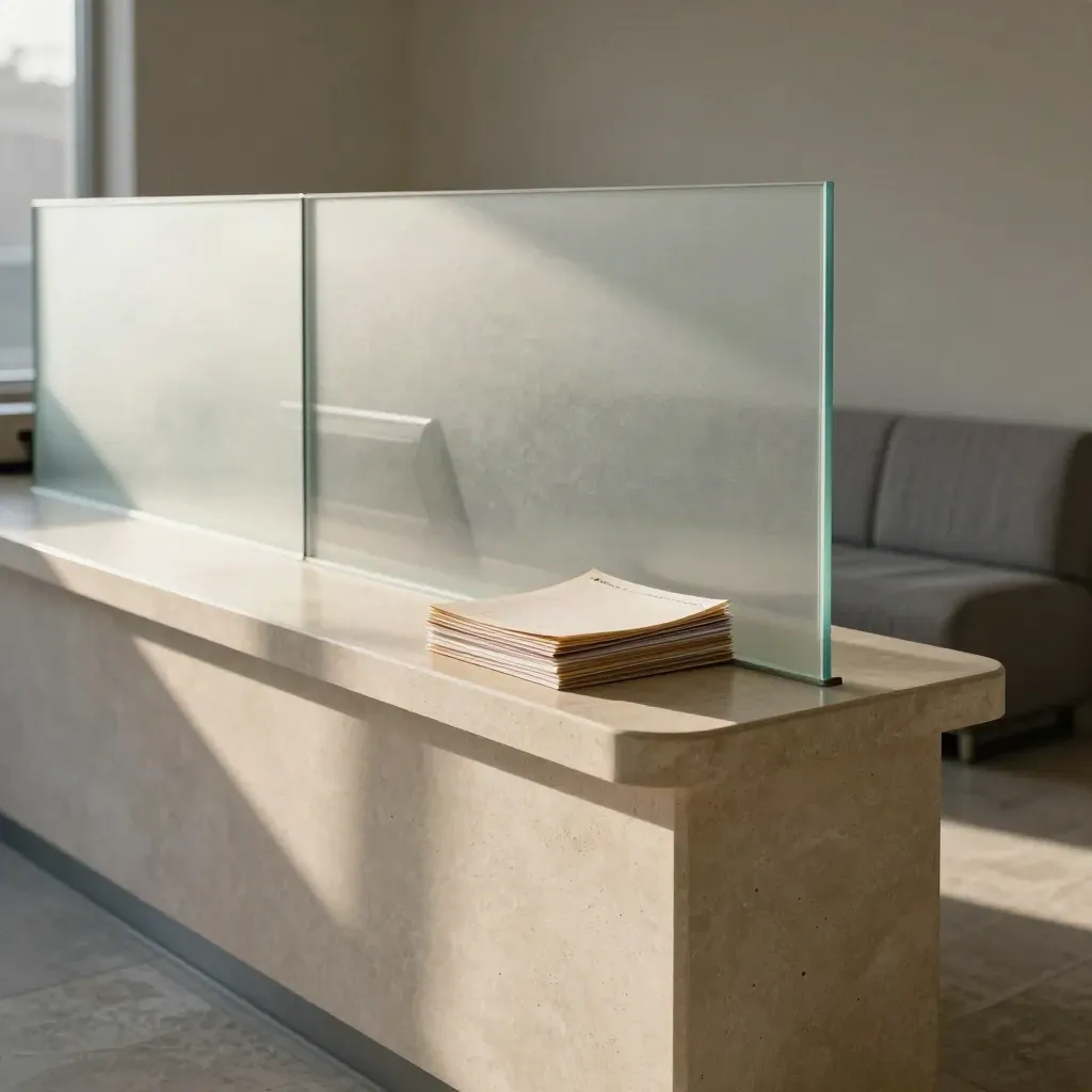 Quiet clinic reception with stone counter, frosted glass, soft seating and face-down folders in morning light.