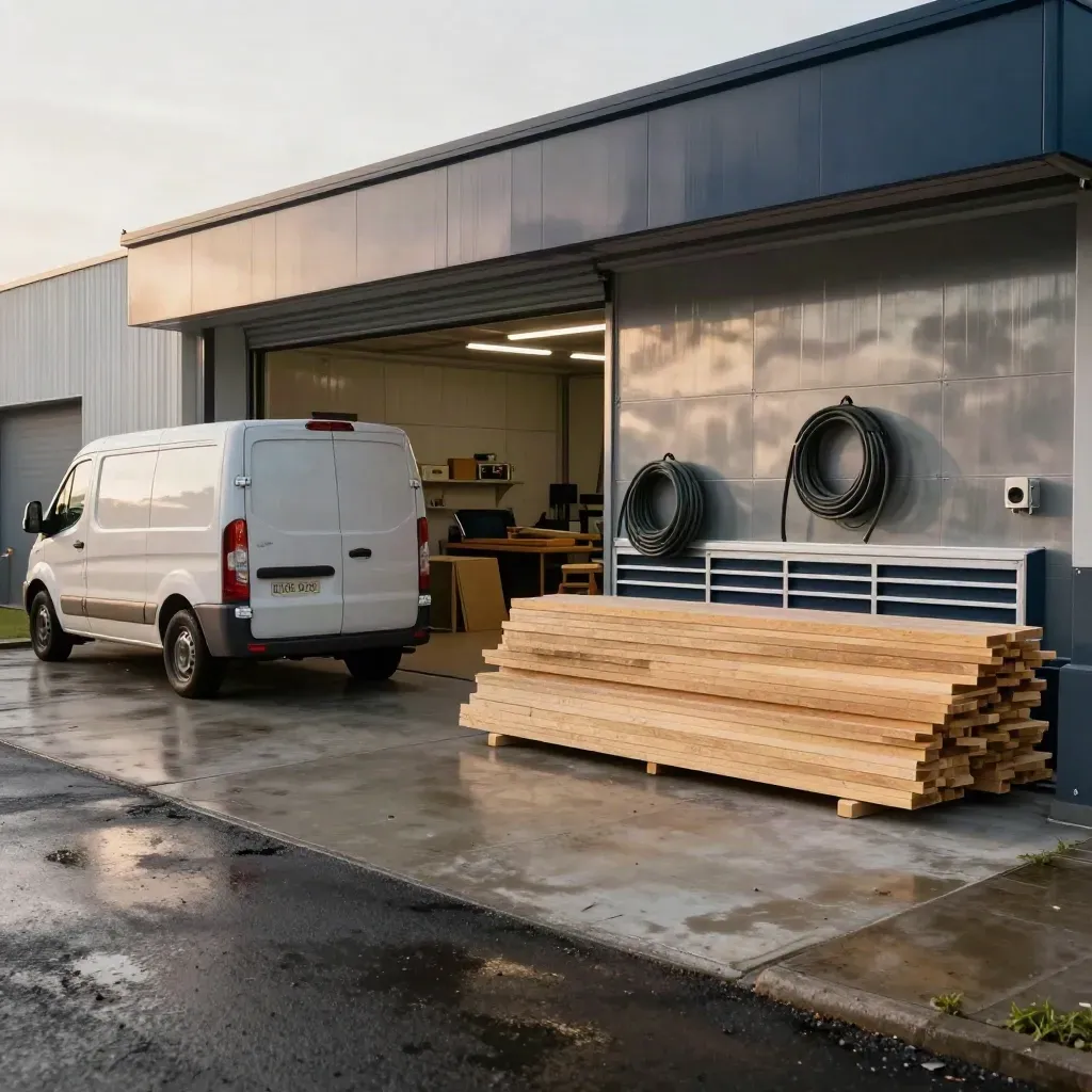 A tidy workshop yard with a ready service van, stacked materials and a wet concrete floor in soft drizzle.