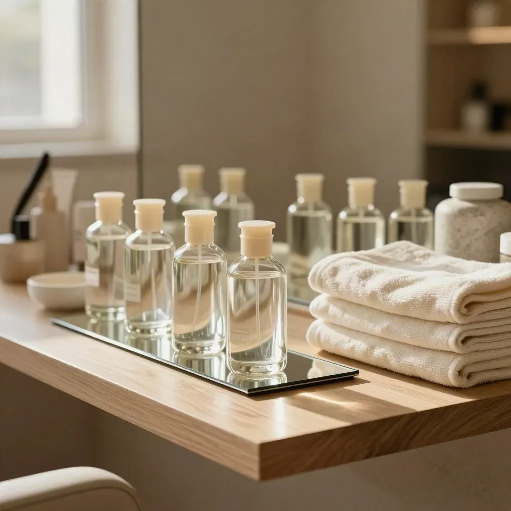 Salon shelf with glass bottles, folded towels and mirrored trays in warm natural light
