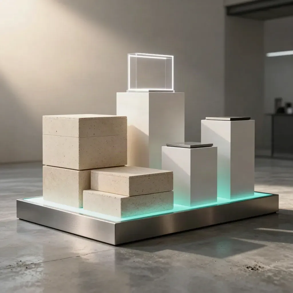 Low-angle launch display with teal acrylic glow, sample boxes, plinths and haze on concrete.