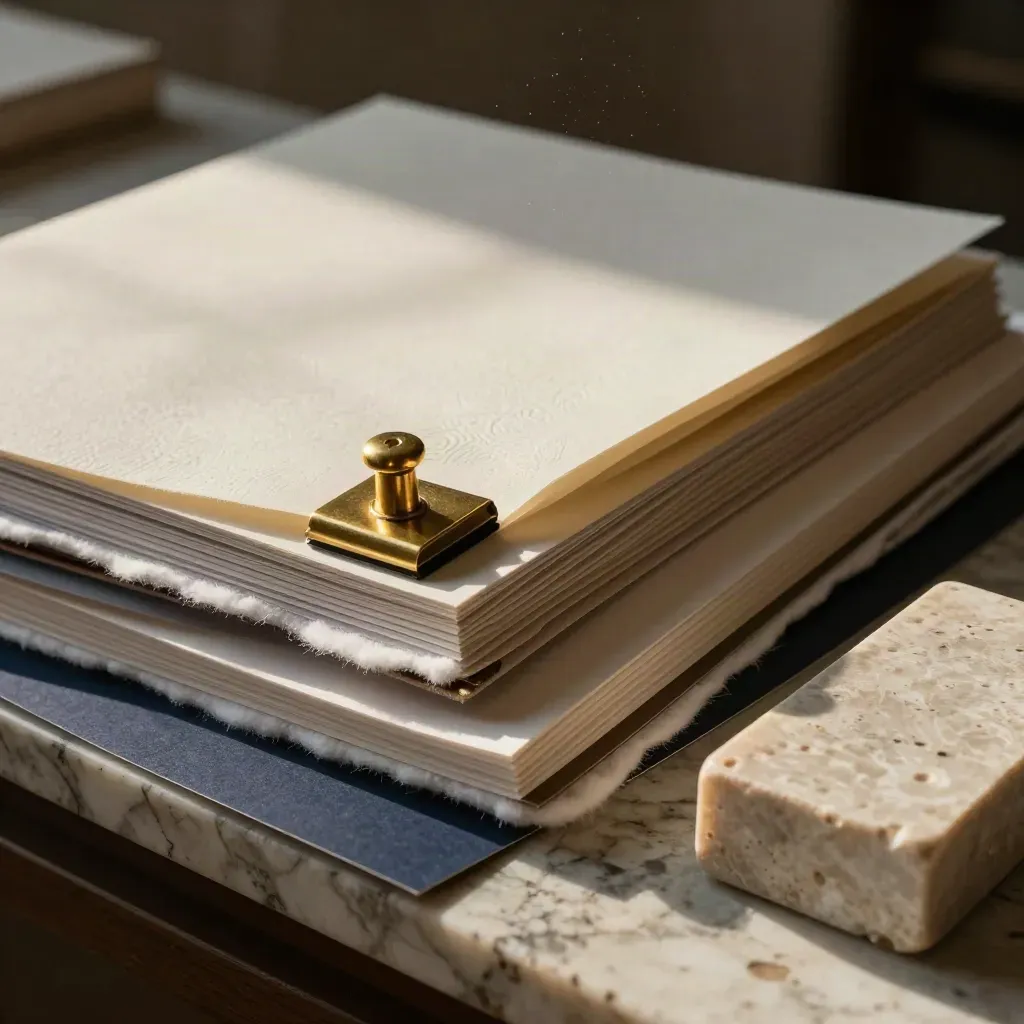 Macro still life of proof boards, swatch book, brass weights and stone sample on travertine.