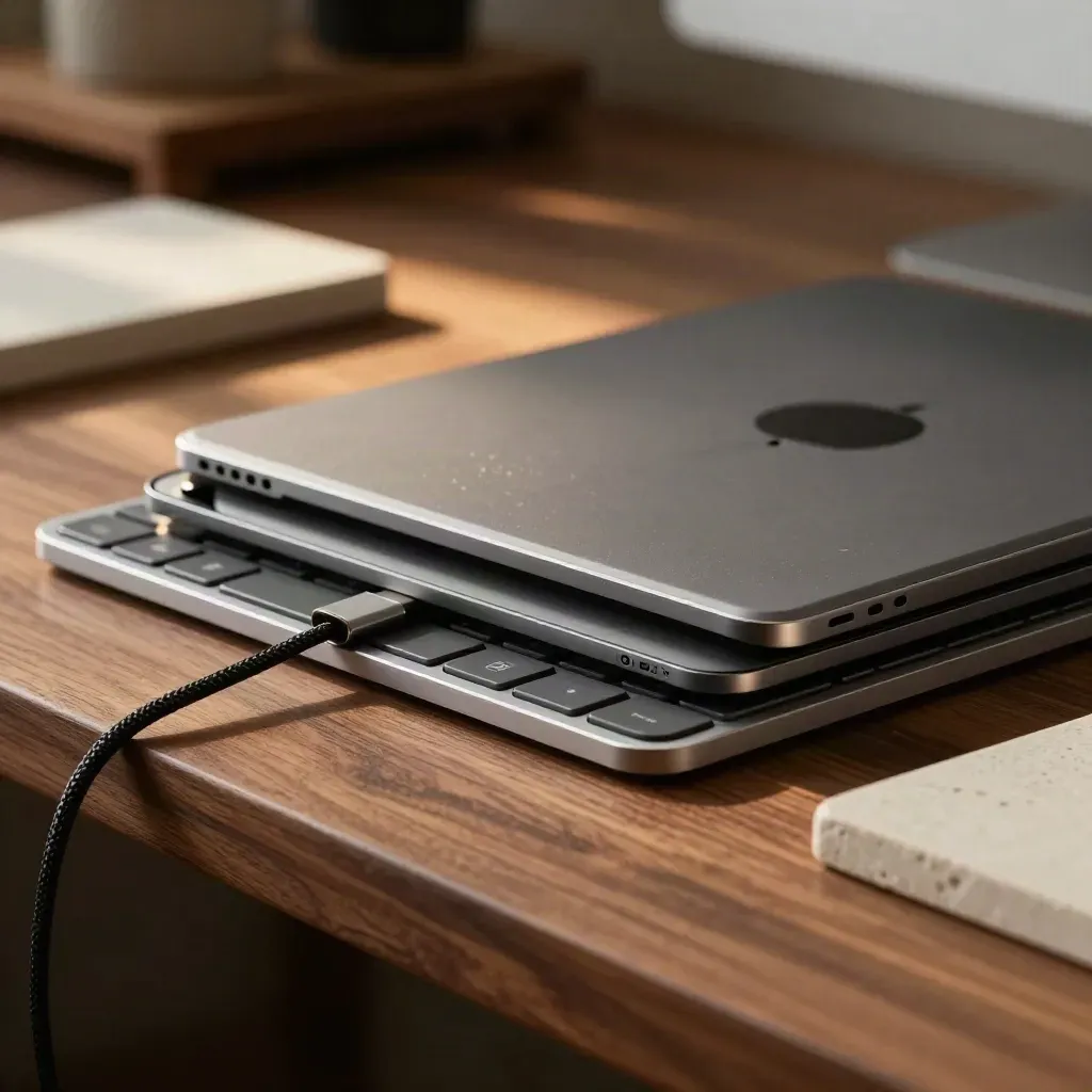 Matte tablet, keyboard edge, braided cable and glass trackpad on a walnut workbench.