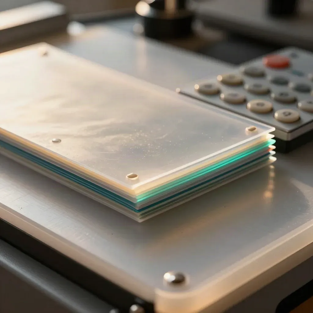 Extreme macro of gel sheets, timing markers and a slim remote deck on a backlit light-table