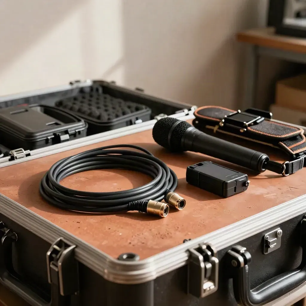 Open video producer kit with cable, mic, battery pack and rig plate on a workbench