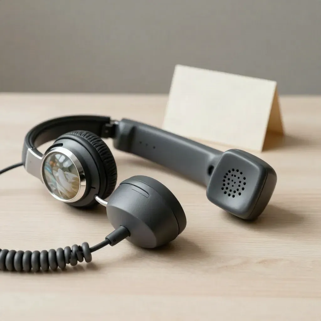 Graphite conference handset, headphones and stone paperweight on pale wood