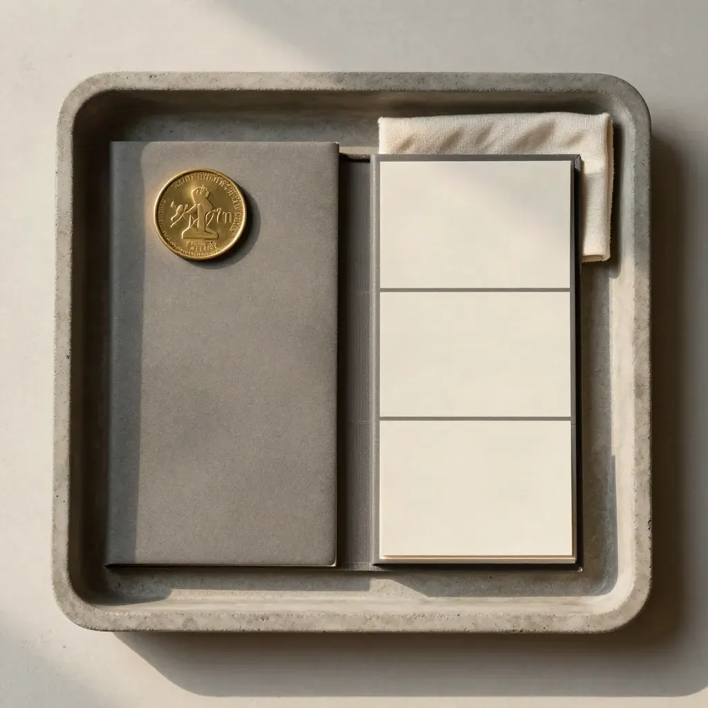 Brass tally token, proposal case and divider cards on a stone tray with soft daylight.