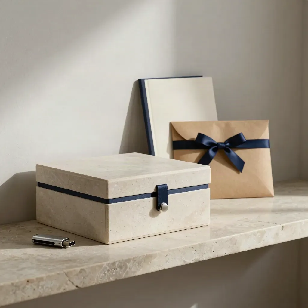 Archive box, USB drive, guide booklet and ribbon-tied envelope on a stone shelf