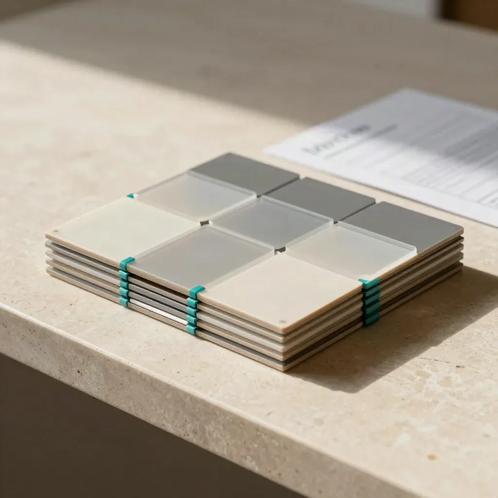 Layered mockup tiles, acetate sheets, and teal tabs on limestone in soft side light.