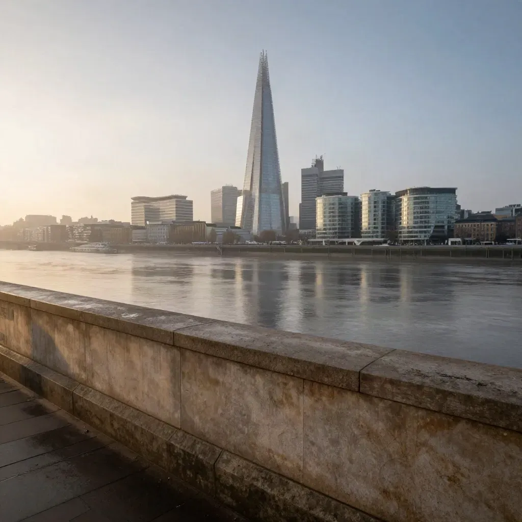 Thames skyline with the Shard above a calm river and stone embankment in dawn haze