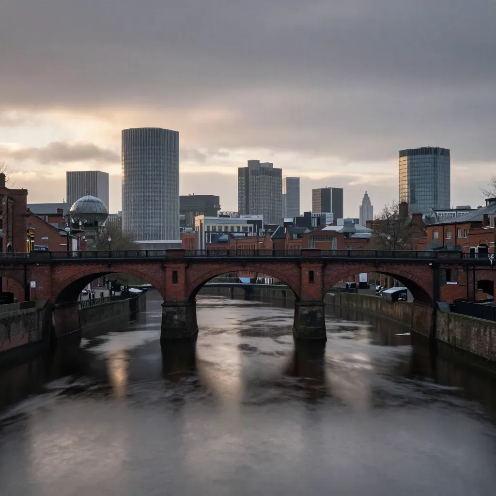 Manchester skyline over calm canal water with hazy evening light and brick viaducts