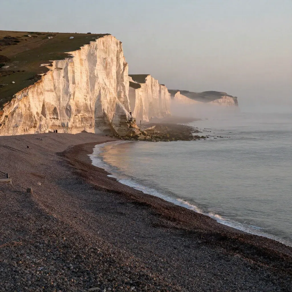 Golden-lit Brighton chalk cliffs above a misty shingle shoreline at sunset