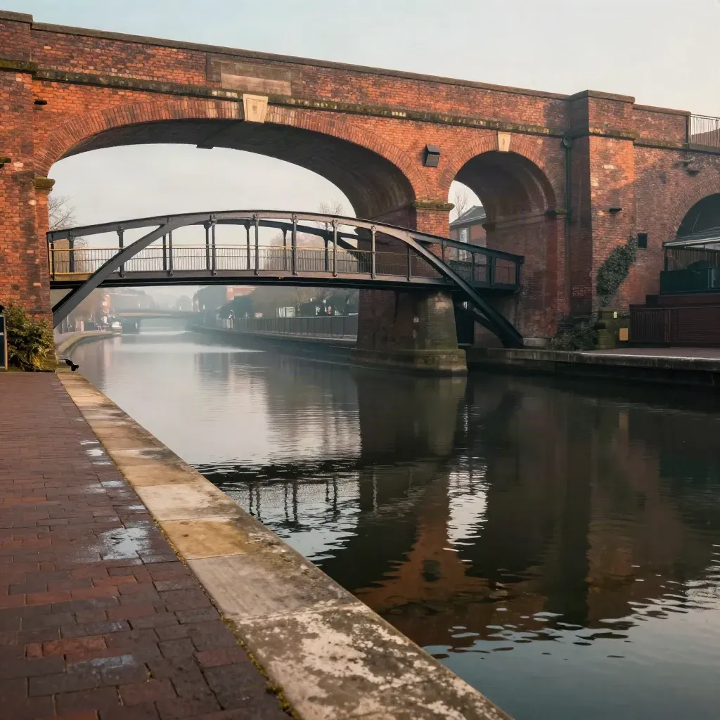 Birmingham canal basin with a brick viaduct and iron footbridge above calm matte water